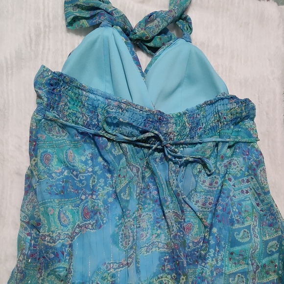 Vintage Jordache Juniors' Blue Paisley Metallic Tie Neck Bra Tank- Size XL 15/17 - Picture 7 of 12